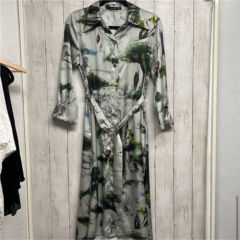 Zara Vintage Woodland Creature Satin Shirt Dress - Picture 2 of 11